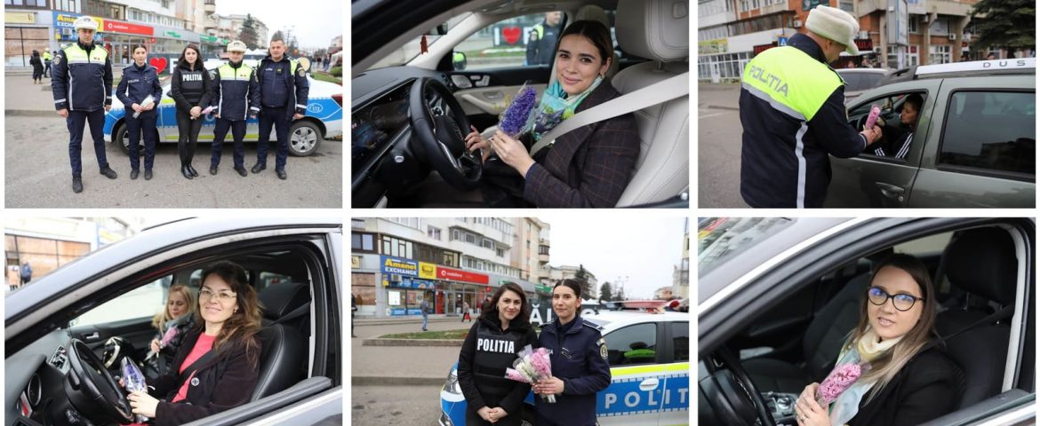 Misiune specială pentru polițiștii din Fălticeni. Zeci de șoferițe au fost „identificate” și „amendate” cu flori
