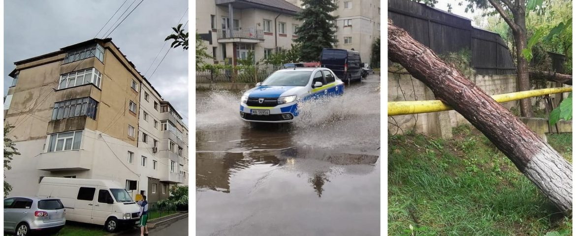 Efectele furtunii abătute asupra municipiului Fălticeni. Șase mașini avariate, șuvoaie de apă și arbori căzuți
