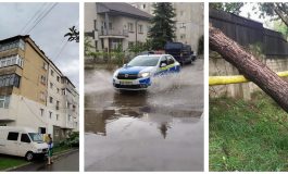 Efectele furtunii abătute asupra municipiului Fălticeni. Șase mașini avariate, șuvoaie de apă și arbori căzuți