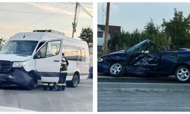 Accident rutier în Fălticeni. Un autoturism și un microbuz s-au ciocnit pe strada Armatei. Două persoane sunt rănite