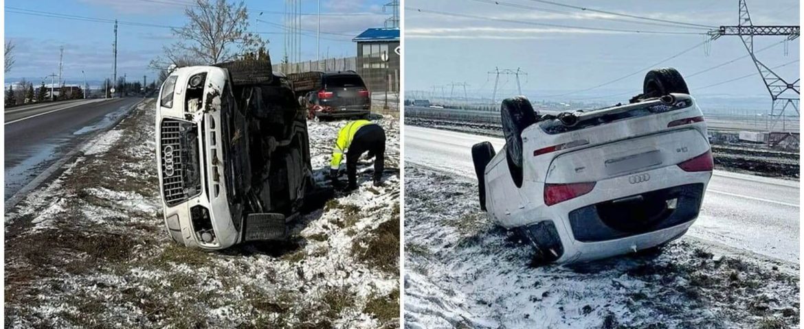 Accident rutier produs pe raza comunei Baia. Două mașini ieșite în decor. Un autoturism Audi s-a răsturnat pe cupolă